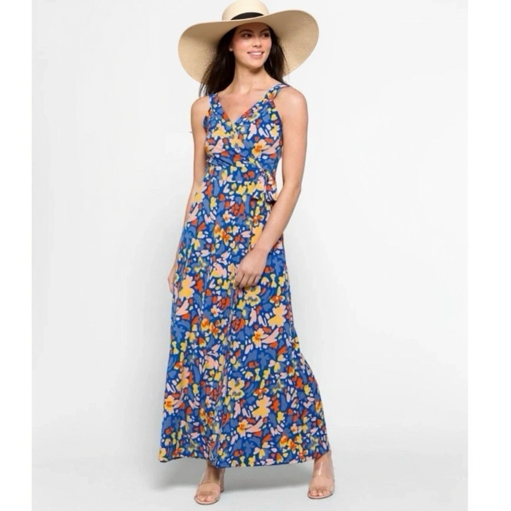 41 Hawthorn STITCH FIX Faux Wrap Maxi Dress Blue Multi V Sleeveless Women’s Sz S